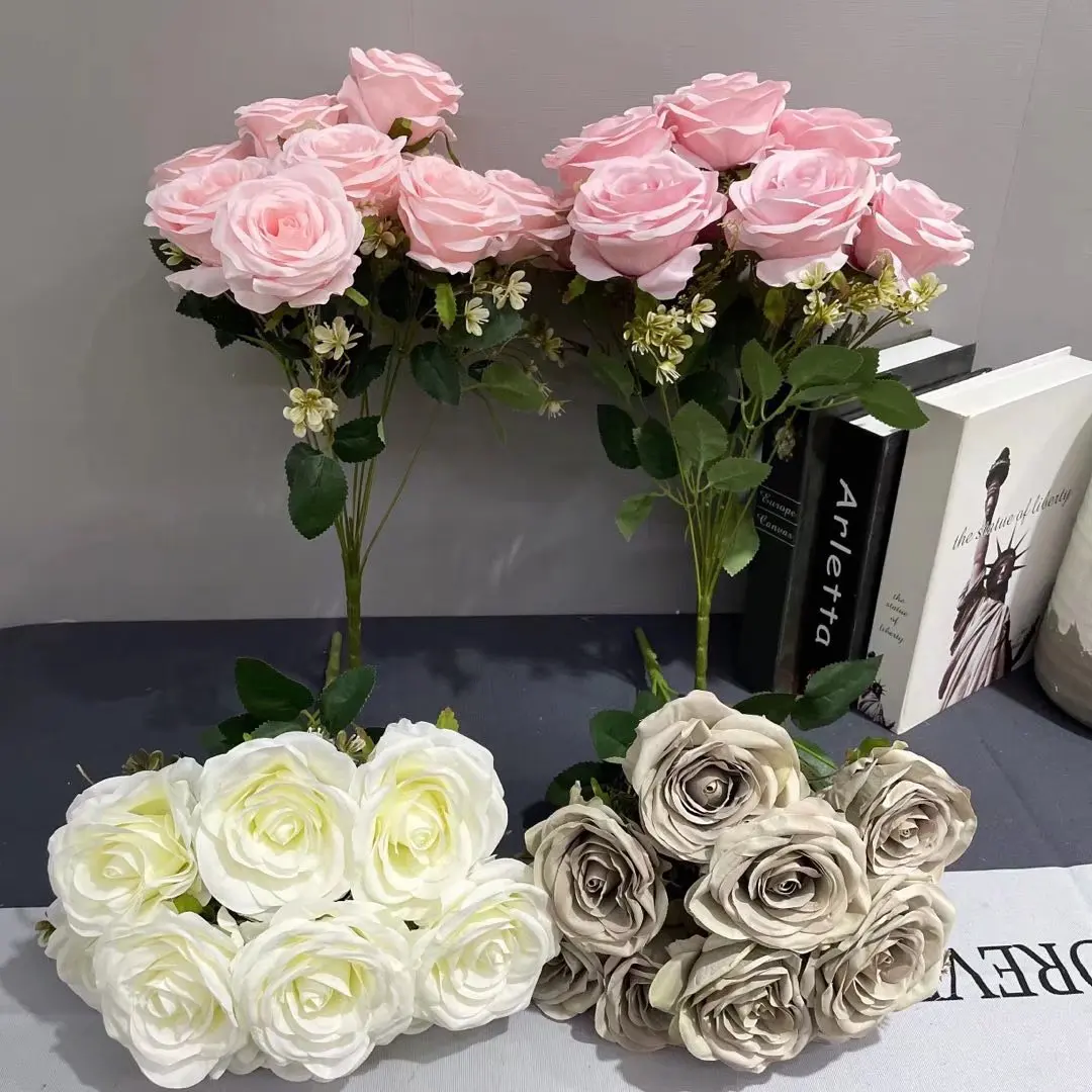 Beautiful bunch of flowers photo Rose artificial Flower Bunch Silk Customization New Rose Bouquet Flower Single Piece