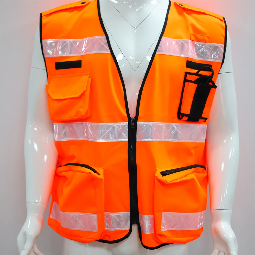 PVC reflective tapes polyester safety vest multi-pockets orange safety vest functional zipper closure safety vest manufacturer