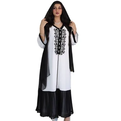 2021 White Black Muslim Middle East Dubai Women Embroidered Chiffon Long Robe Dress Jalabiya Abaya Kaftan Caftan Gown