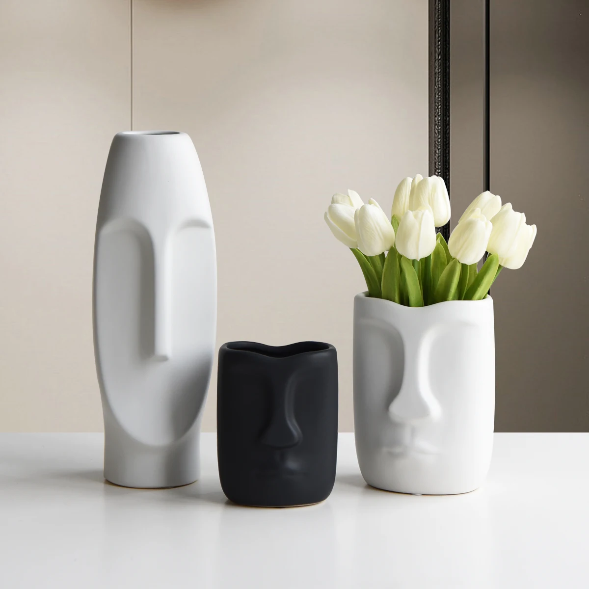 nordic style modern black white head human face shape table living room ceramic porcelain flower vase for home decor