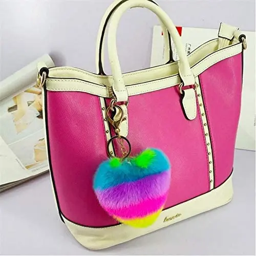 1000styles Stock Faux Fur Pompom Love Heart Keychains Multicolor Soft Rabbit Fur Heart Keychains Pom Pom Ball For Women Girls