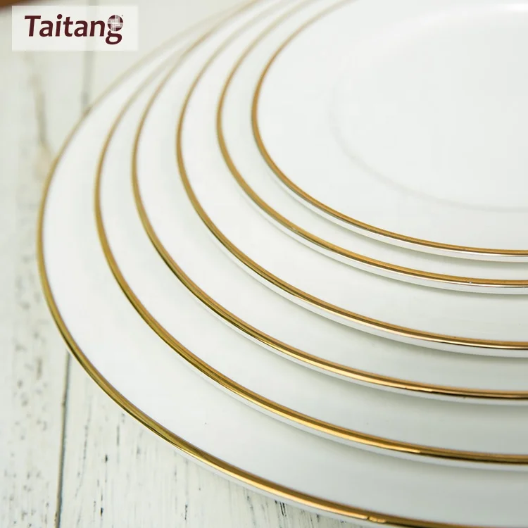 Restaurant Dinnerware Gold Rim Round Ceramic Dinner Plate Set 7 Plates Hotel Restaurant