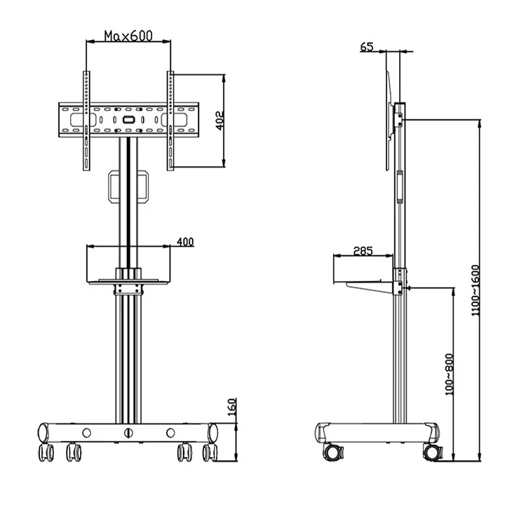 BEWISER Modern Movable LCD Plasma TV Trolley Stand Designs / Floor Mount Mobile Metal Iron TV Stand With Wheels