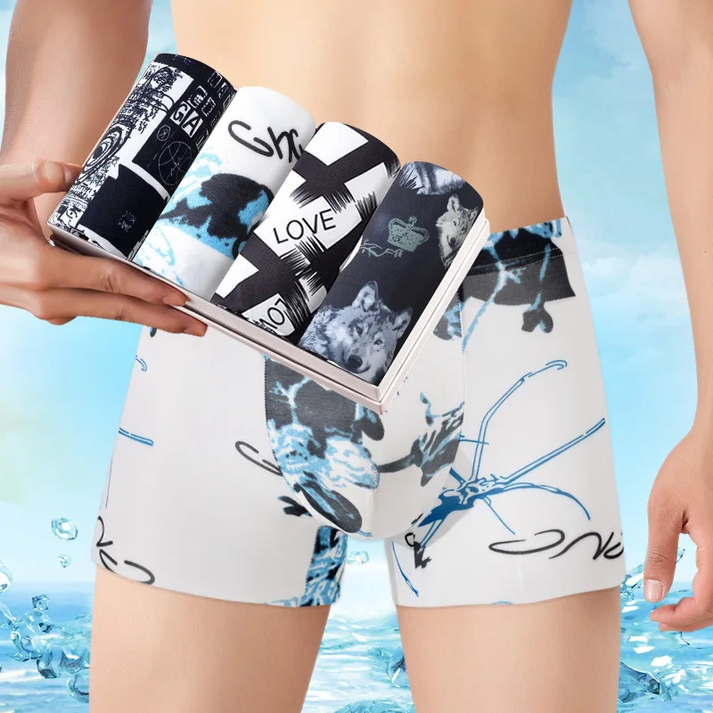 High Quality Cool Ice Silk Mens Boxer Brief Seamless Breathable Shorts Mid-waist Men Underwear