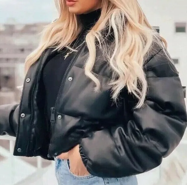 Wholesale Winter PU Leather Puffer Jacket Short Thick Coat Single Breasted Fill Cotton Jackets For Women