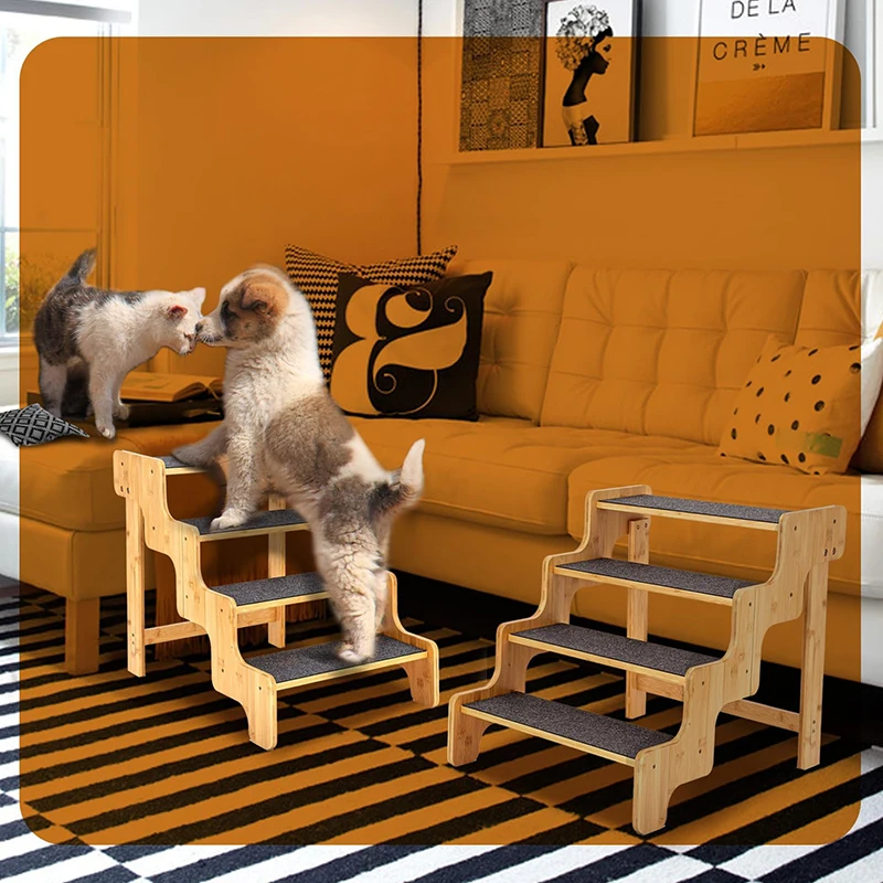 New Bamboo 4 Step Dog Stairs for Bed Non-Slip Dog Stairs for Small Dog Pet Steps Stairs