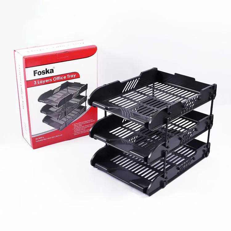FOSKA Black Rounded Edge Easy to Install Plastic Desk Organizer Basket Hollow Out Design Three Tier Tray with Color Box Packing