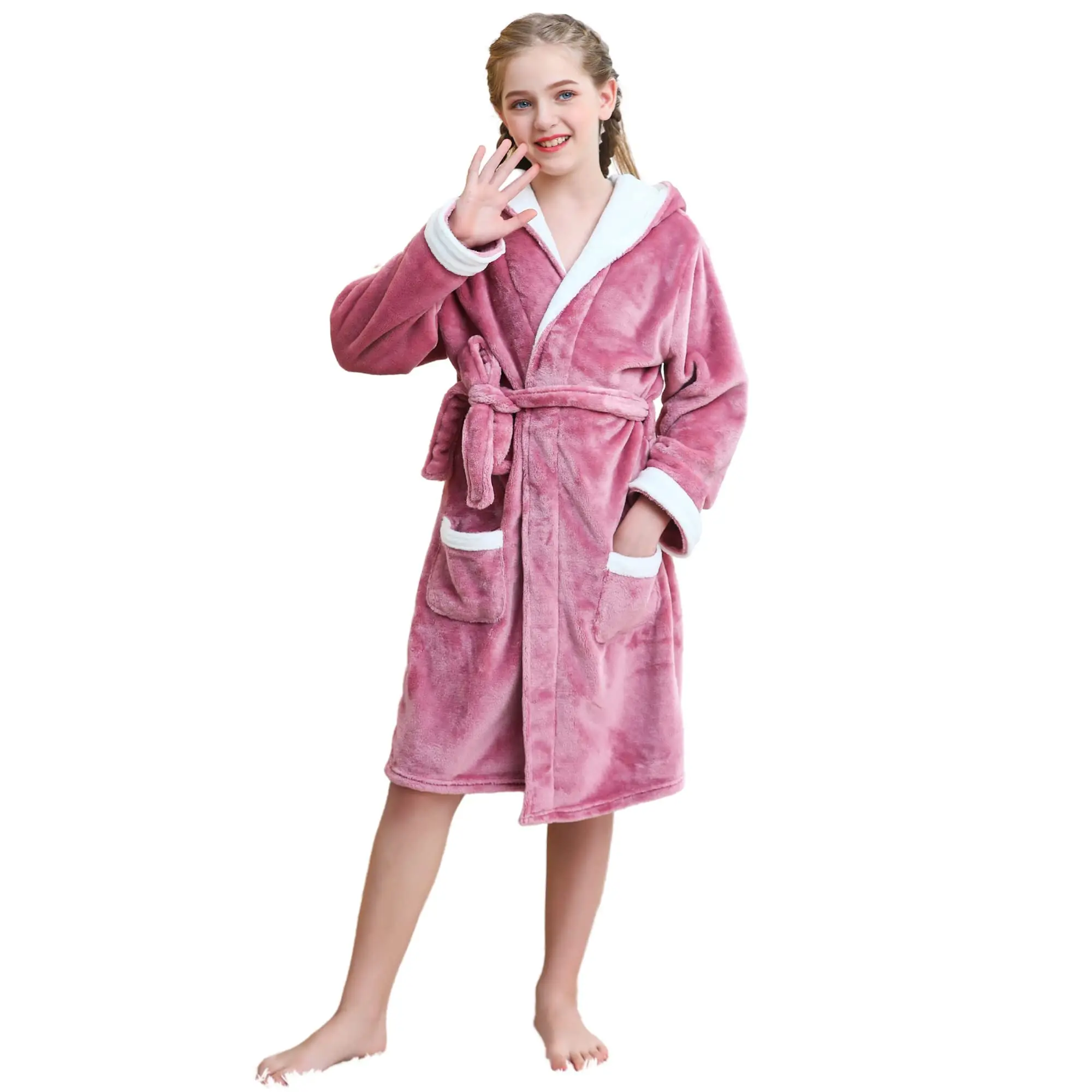 Girls Fleece Robe, Hooded Toddler Soft Fuzzy Bathrobe for Kids 3-14 Years