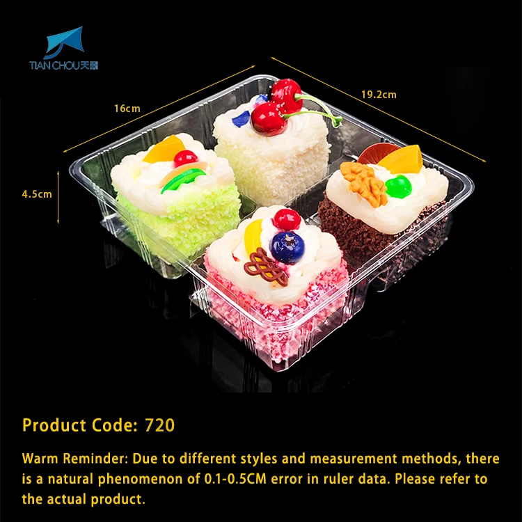 Factory customized PET Plastic dessert slice packaging tray suitable for cake sushi pastry cookies dumpling with 4 divisions.