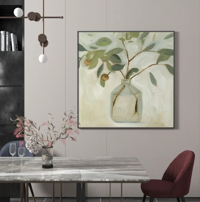 Modern Nordic Luxury 1pcs Handmade Golden Oil Canvas Crystal Porcelain Leaf Wood Glass Aluminum Framed Painting Living Hanging