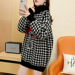 Winter turn down collar thick grid women warm pullover sweater