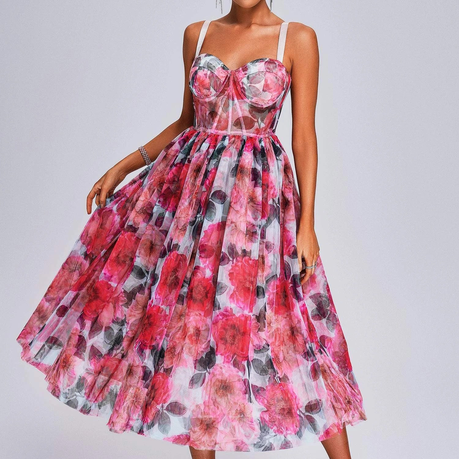 BEISHI New Arrival Women Polyester Casual Summer Loose A Line Floral Chiffon Midi Dress Corset