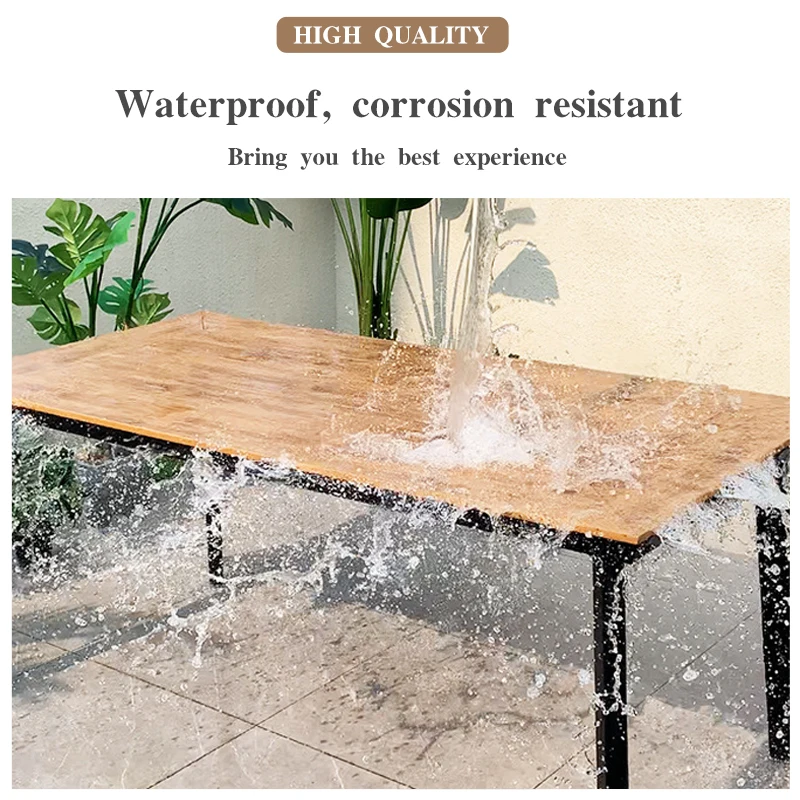 Fashionable teak wood colors outdoor furniture dining 9 pcs Plastic wood stacked tables and chairs garden sets