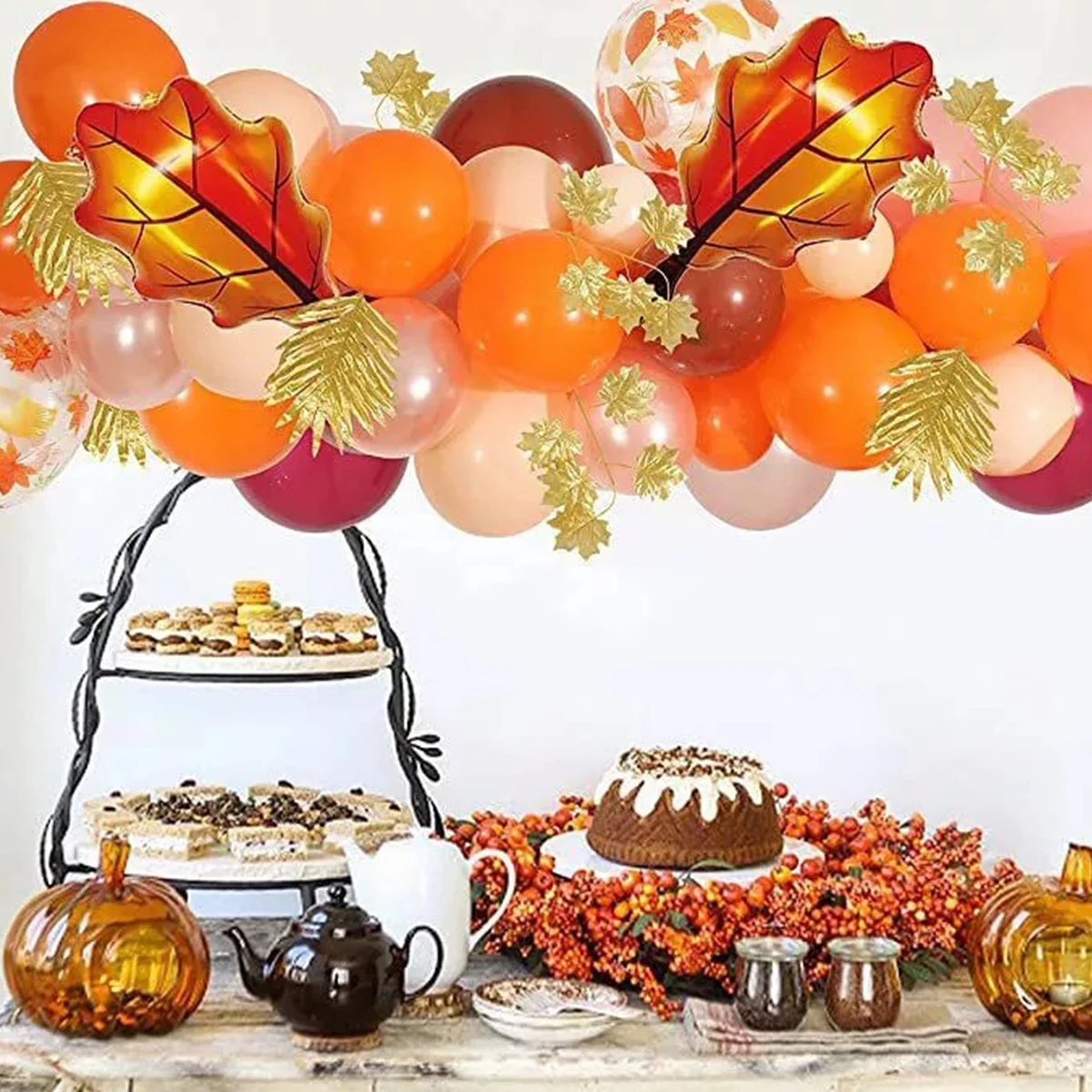157pcs Confetti Foil Balloons and Artificial Maple Leaves Garland for Thanksgiving Party Supplies Balloon Garland Arch Kit