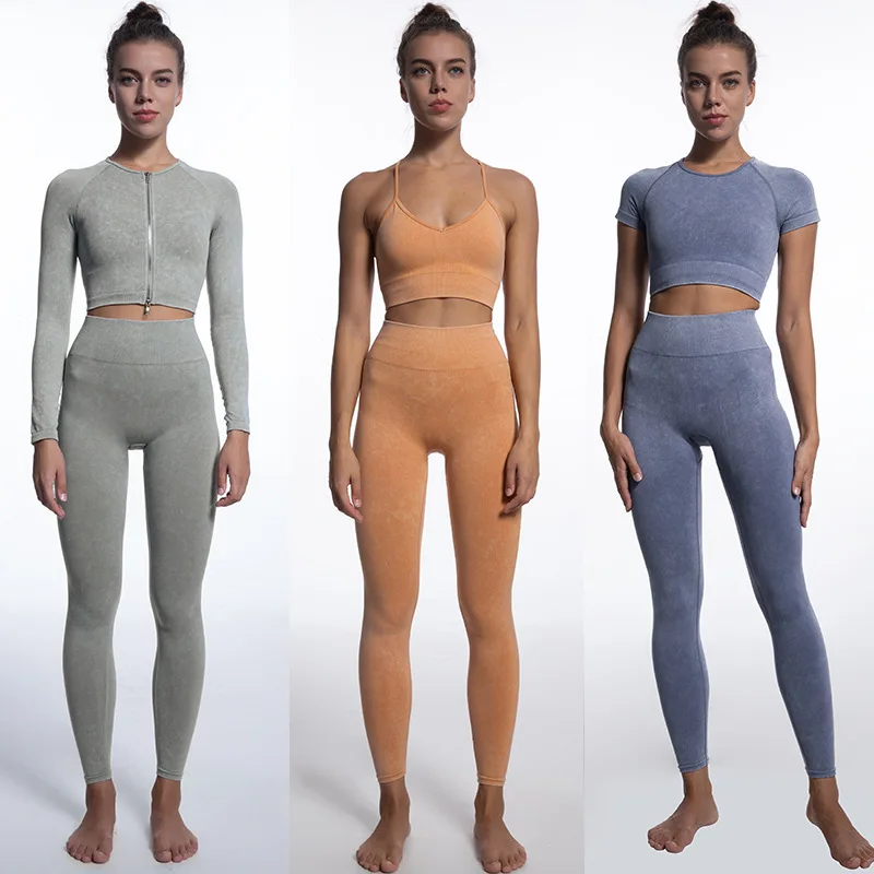 2022 New Design Sand Washing Tracksuit Set High Waist Seamless Activewear Jogger Women 5 Piece Yoga Set