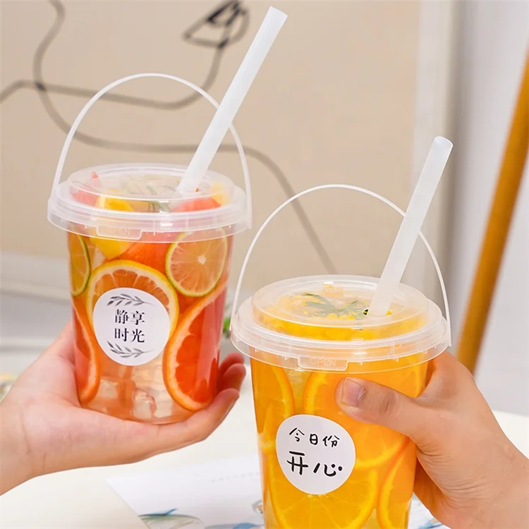 GTG Custom logo printed disposable 32 oz 1000 ml Fruit Bucket Takeaway fruit PP plastic cup buckets with handle and lid