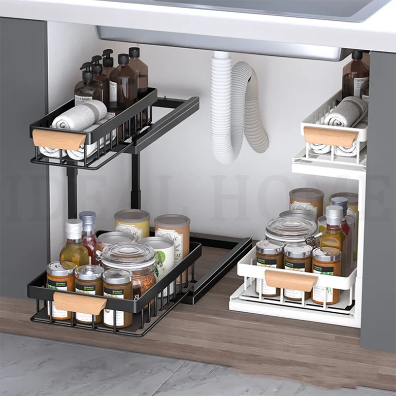Factory customization Kitchen cabinet condiment layering storage rack drawer type deep cabinet under sink sink storage rack