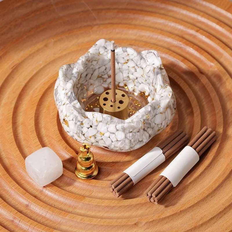 Handmade Crystal Chips Stone Resin Louts Flower Yoga Incense Tray Holder Natural Amethyst Stone Burner Ash Catcher Tray for Spa