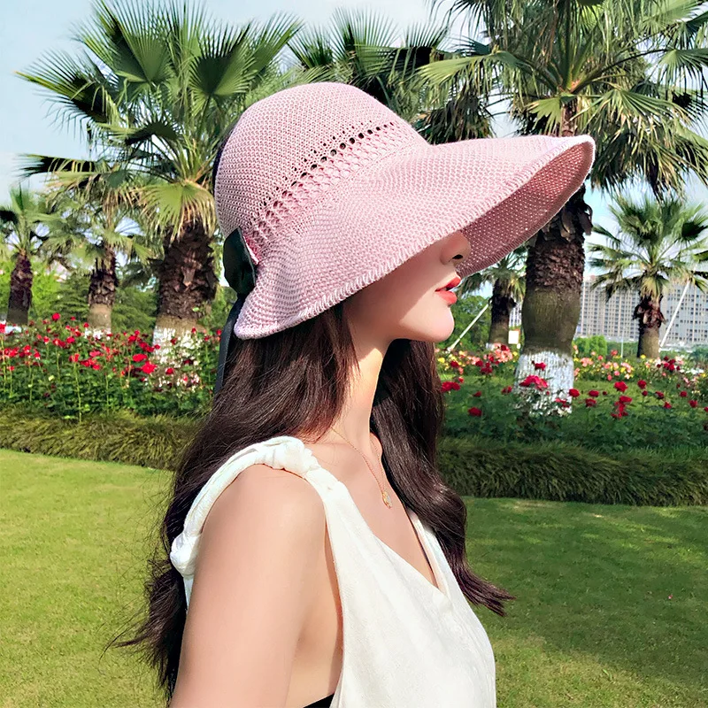 DDA177 Foldable Sun Hats Travel Beach Top UV Bow-tie Straw Hat Fashion Lady Summer Knitted Empty Big Brim Straw Visor Hat