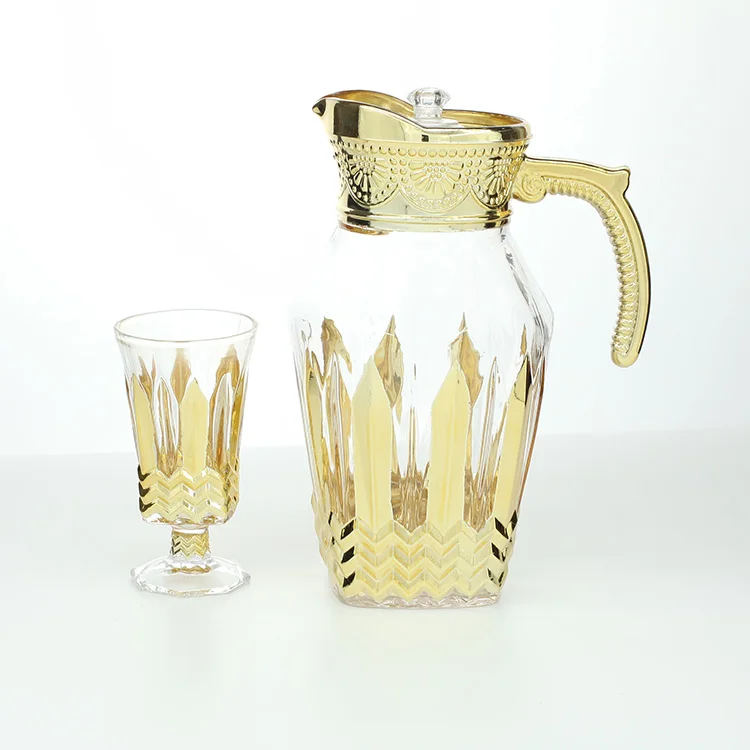 Wholesale 7pcs  golden Water Jug Glass Water Set glass tumbler jug Pitcher Set With Lid glass water set