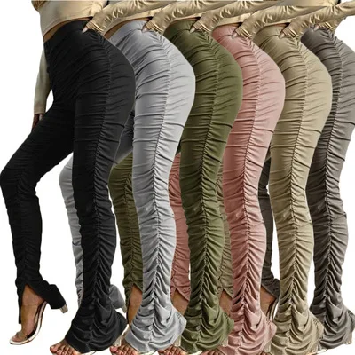 Wholesale Spring Summer Women Tight Straight Tube High Waist Fold Split Casual Pleated Pant Stacked Trousers