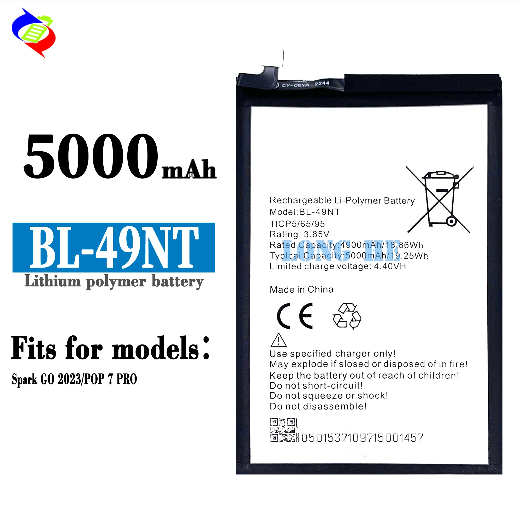 Lithium mobile phone battery BL-49NT for tecno Spark GO 2023 POP 7 PRO Rechargeable Batteries