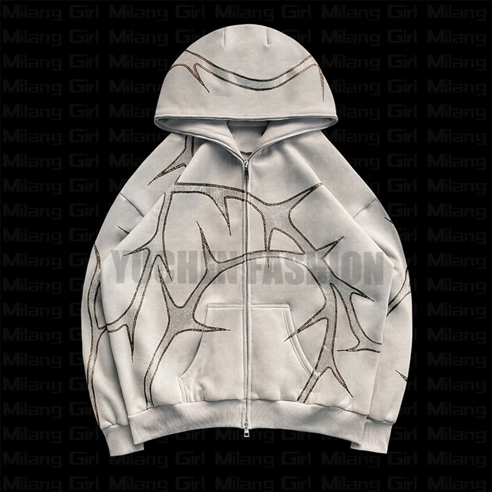 100% Cotton Streetwear Heavy Weight Men Zip Up Rhinestone Hoodie Manufacturer Custom Logo Print Rhinestone Full Zip Up Hoodie