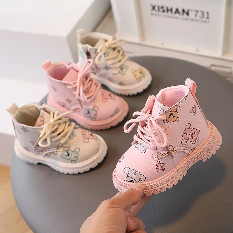 2024 fall and winter new two cotton warm female baby thin velvet lace-up leather boots boys mid-top boots cute bear short boots