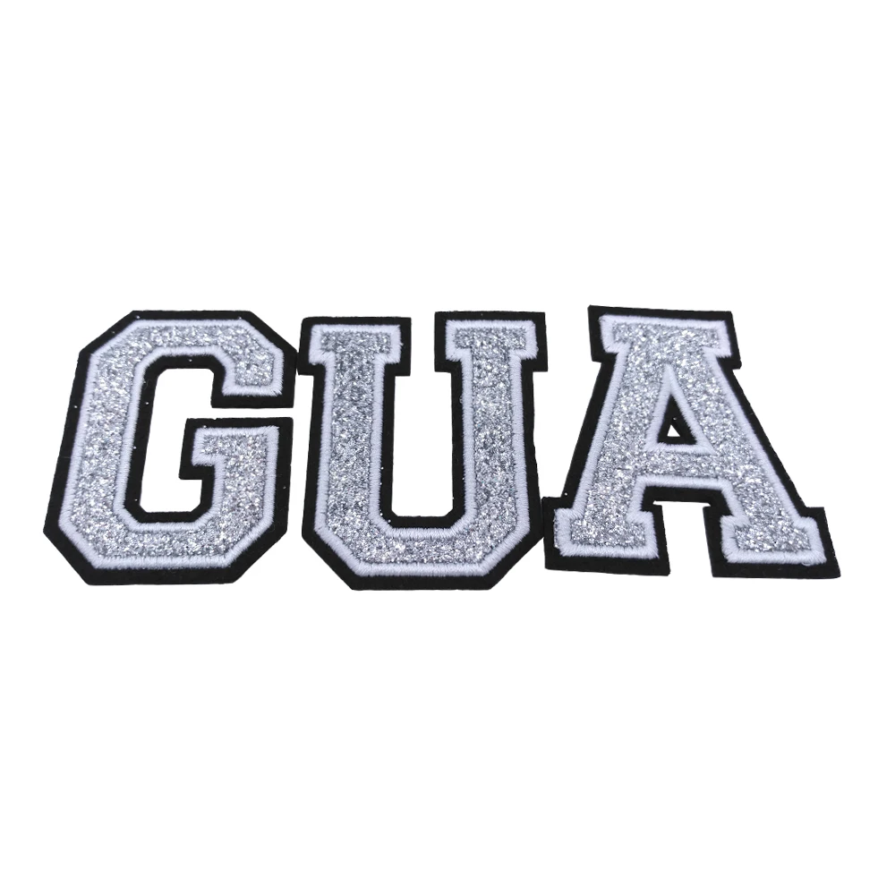 New arrival iron on letter patches custom color stick on sequin woven glitter embroidery patches
