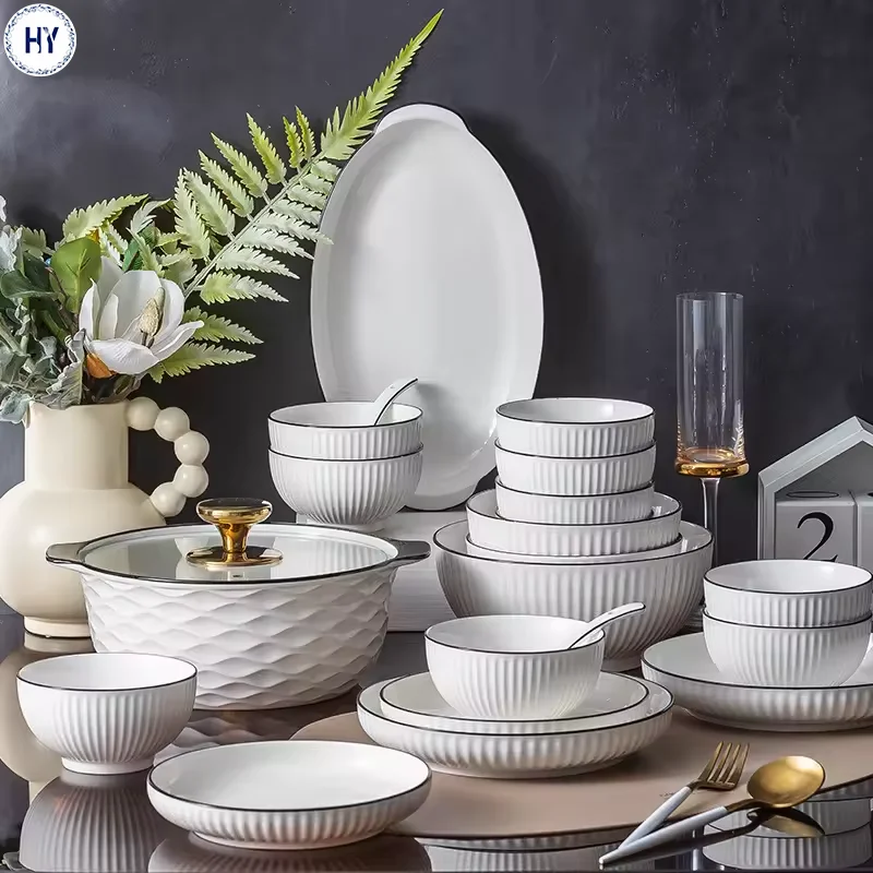 2024 Wholesale White Porcelain Plate,Nordic Style Luxury European Kitchen Full White Porcelain Ceramic Tableware Set