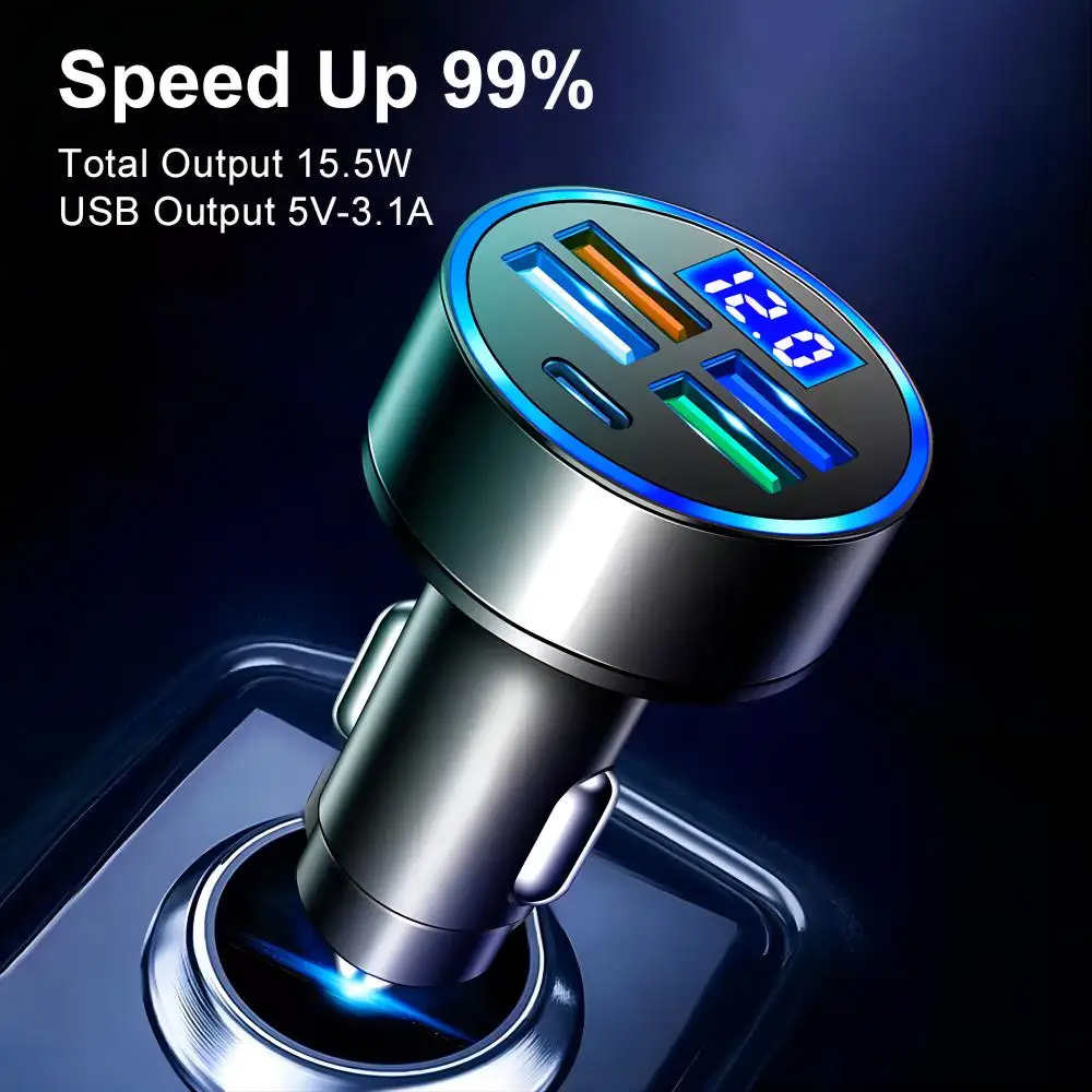 4 USB Port and 1 USB C Fast Car Phone Chargers With LED Voltage Display 5 Ports Mobile Phones Car Charger
