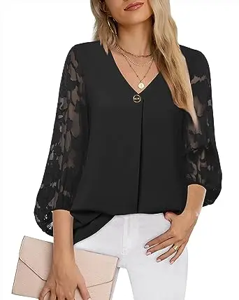 Womens Lantern 3/4 Sleeve design oem Customizable Causal Loose V Neck Chiffon Blouses Tops square neck blouse