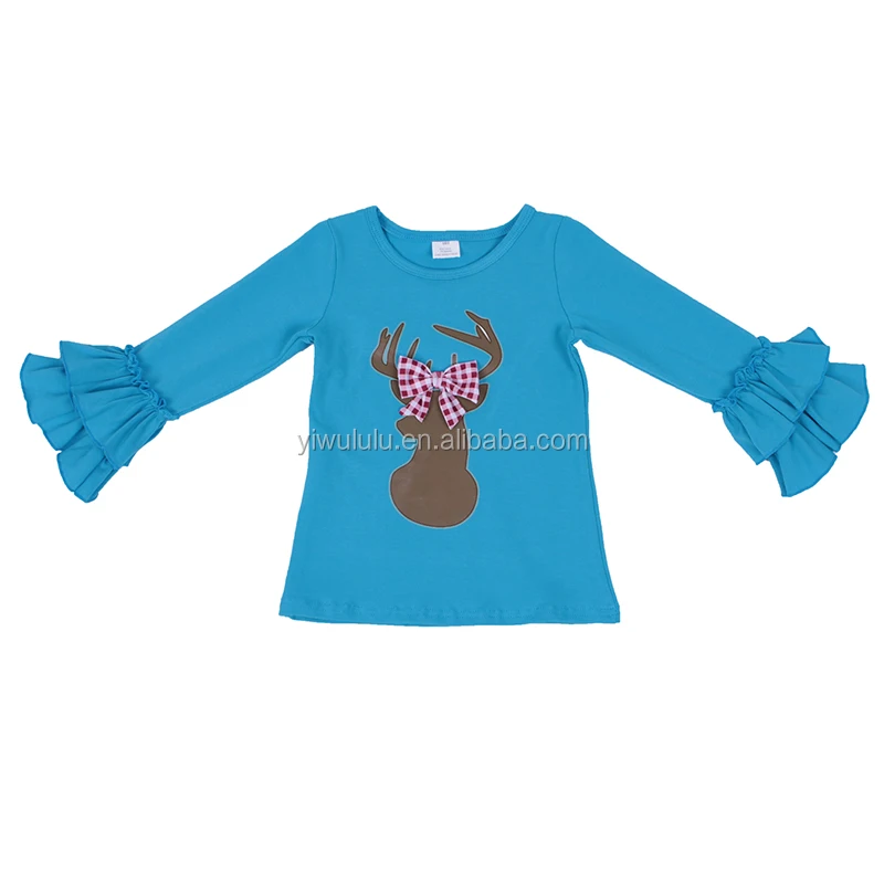 
Boutique Fashion Shirts High Quality Christmas Style Reindeer With Bow Ruffle Sleeve Baby Gril Top 