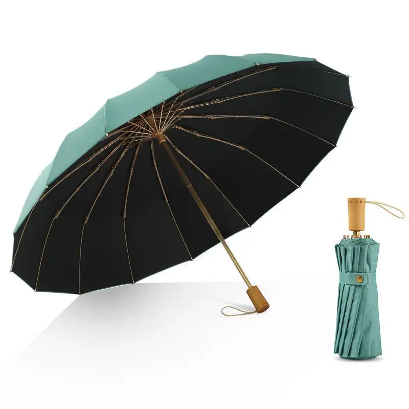3 fold umbrella 16 ribs custom logo sunny umbrella vintage solid wood handle parasol vinyl sun protection umbrella