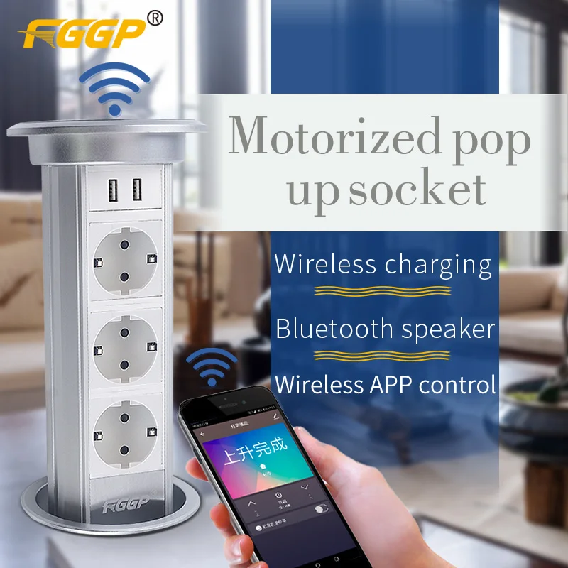 EU schuko wifi european 2 gang 220V-250V 16A kitchen motorized pop up eu socket with  speaker