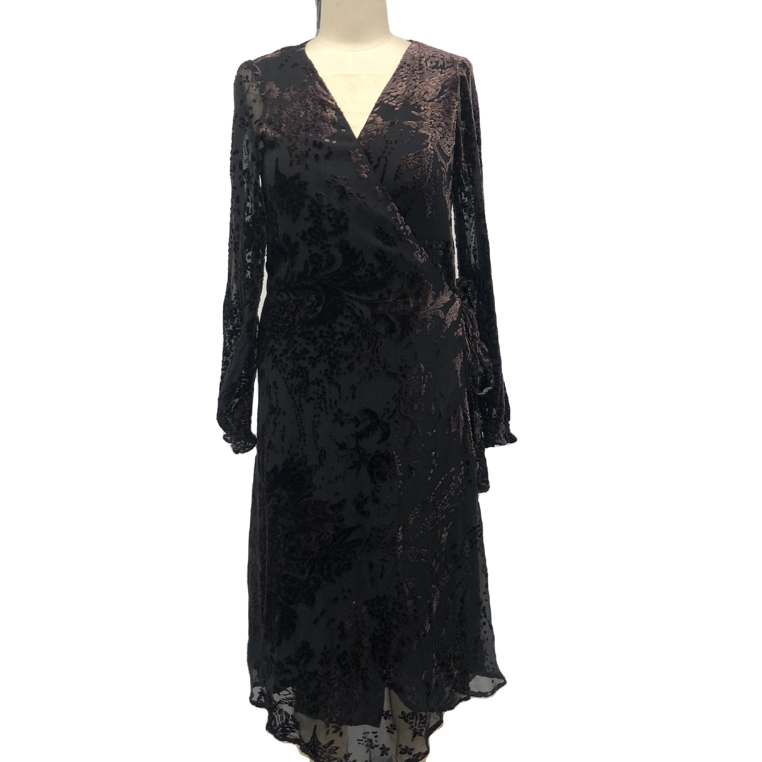 Chinses Supplier Elegant V-neck Lady Dress Top Quality Women Long Dress in Spring Promotion Long Sleeve Dress with Embroider