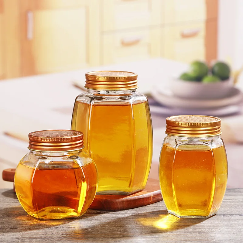 Empty Hexagonal Transparent 380ml 730ml Glass Honey Bottles  jar Dispenser Bottle Honey Storage Jar with Metal Lid
