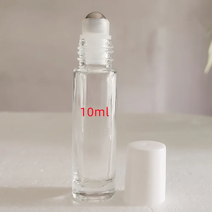 10ml round glass cosmetic roll on bottle with white cap and stainless steel roller ball