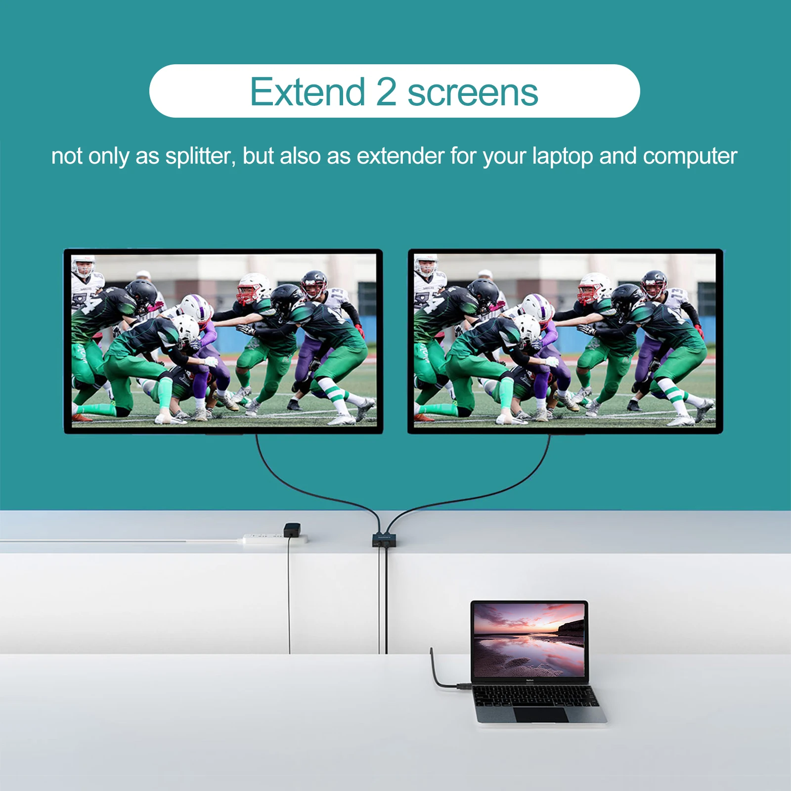 4K 30Hz HDMI splitter 1 in 2 out, MT-VIKI 1x2 1 Computer 2 Monitor + Power adapter HDMI splitter