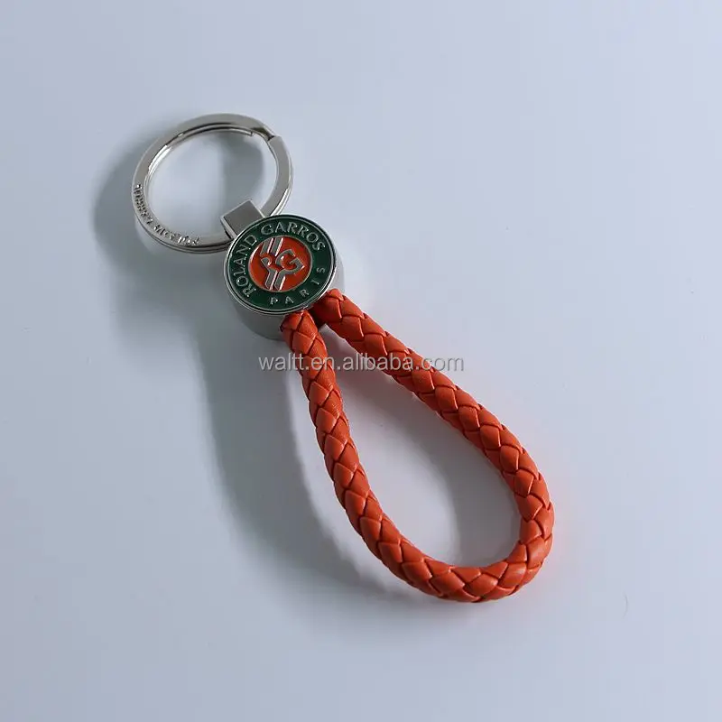 Orange Leather Woven Metal 3D Logo Keychain With Stainless Steel Ring
