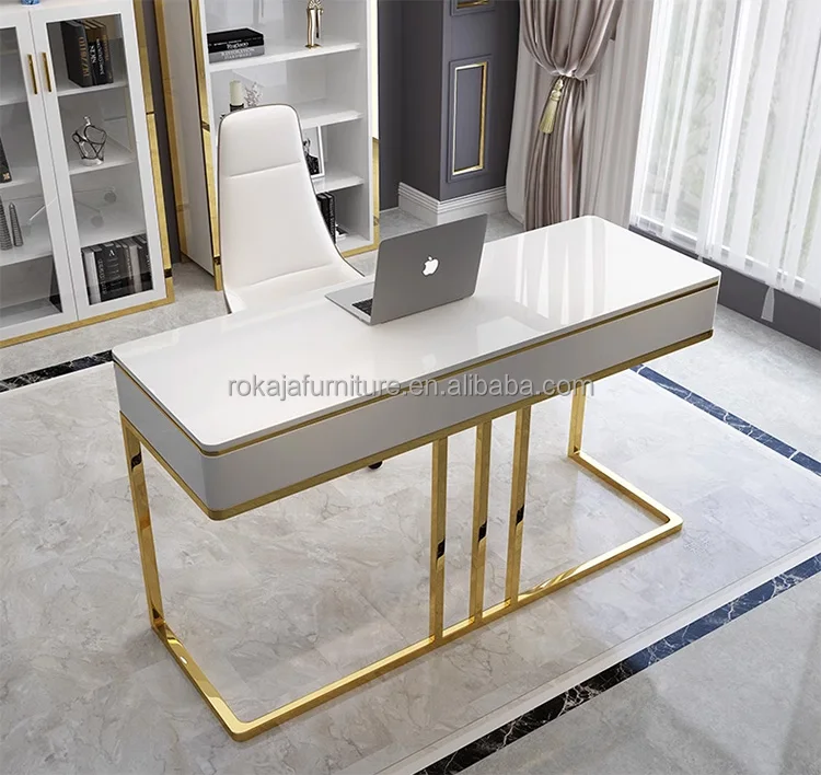 Minimalist Design Office Desk White Lacquer Ready Made Computer Desk With Drawers Office Home Furniture Shiny Titanium Desk
