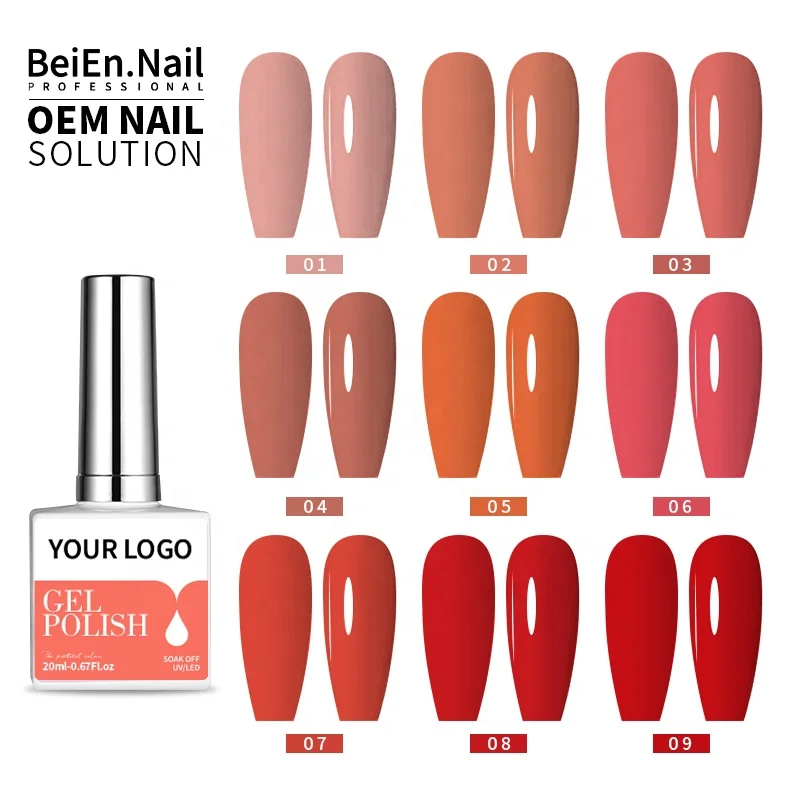 BeiEn Your Logo 18ml 20ml UV/LED Gel Polish High Pigment Coral Colors Collection Nude Pink Series Hot Selling OEM/ODM Bulk Kilo