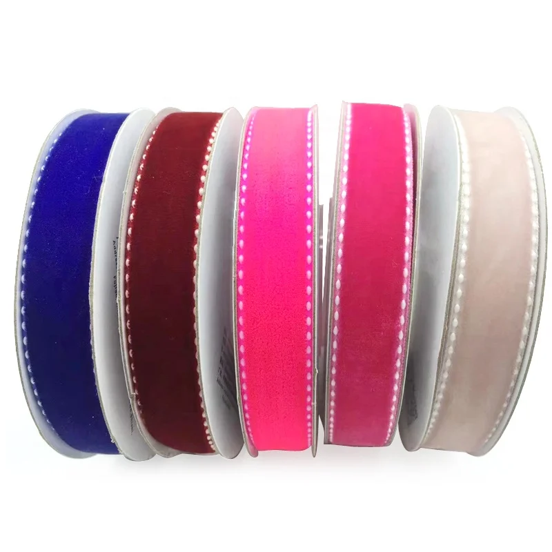 E-Magic Factory Custom color Eco-friendly high quality Single face velvet ribbon with stitching edge for DIY decoration