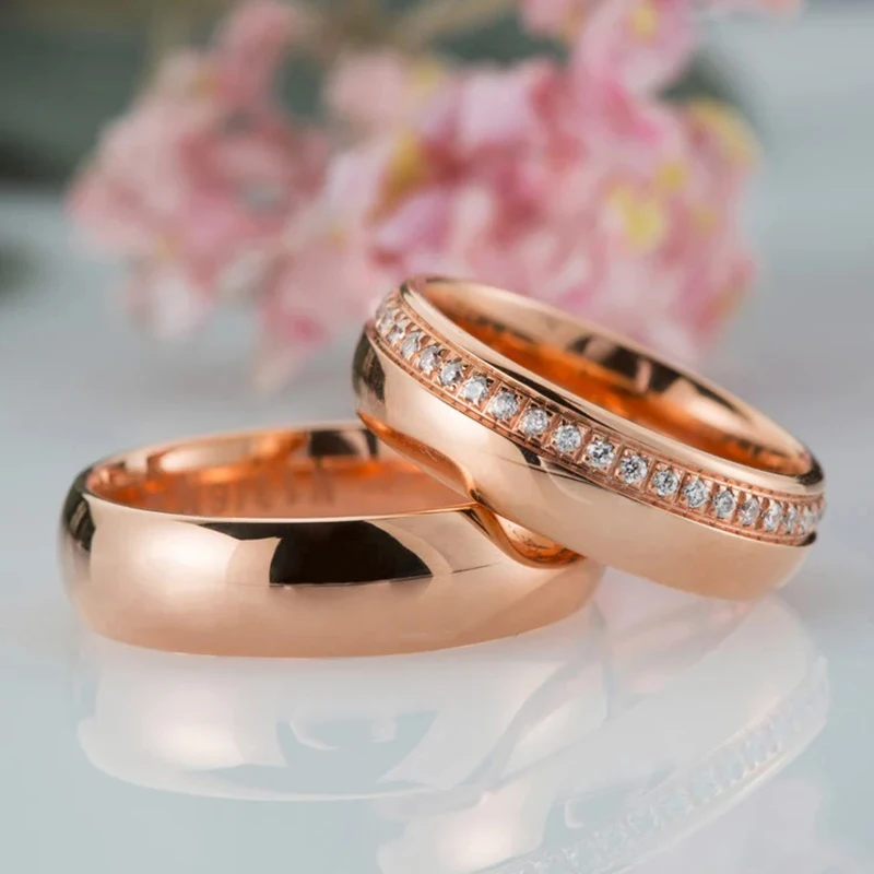 unisex classic 14k 18k rose gold wedding band set with diamonds titanium steel gold couple rings for men women