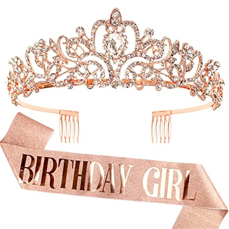 Elegant Princess Crown Birthday Girl Sash Crystal Crown Tiara Glitter Sash For Happy Birthday Girl Queen belt Tiara set