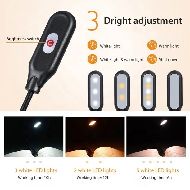 Rechargeable 5 LED Book Light Easy Clip on Reading Lamp with USB Charging Cable, 360 Rotation, 3 Color Temperature