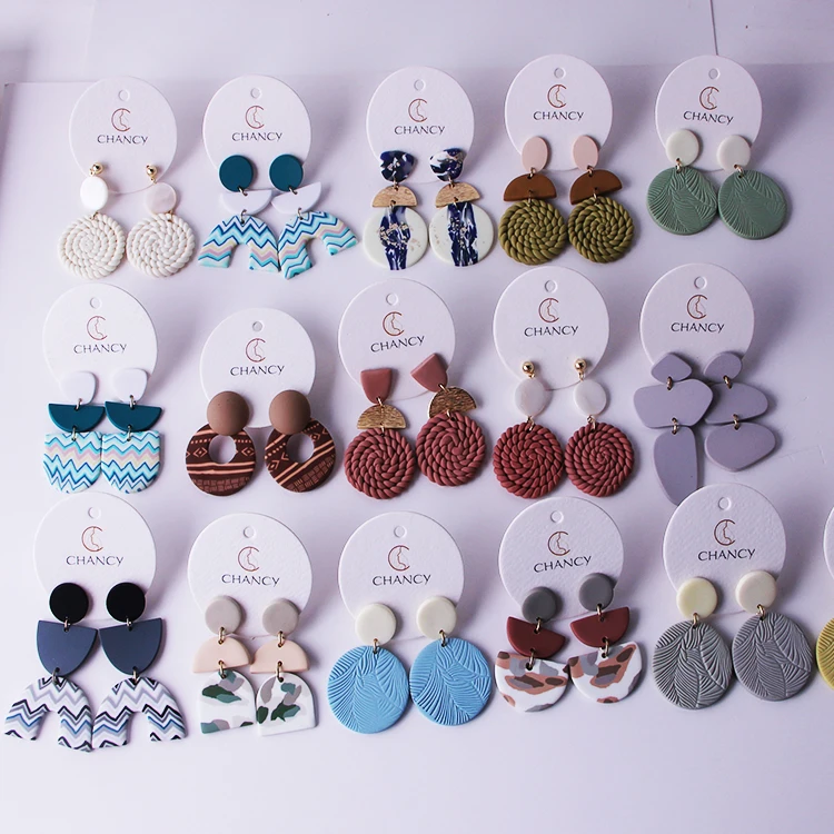 New Design Fashion Multi-Colored Polymer Clay Handcrafted Geometric Bohemian Rattan Beach Earrings For Women