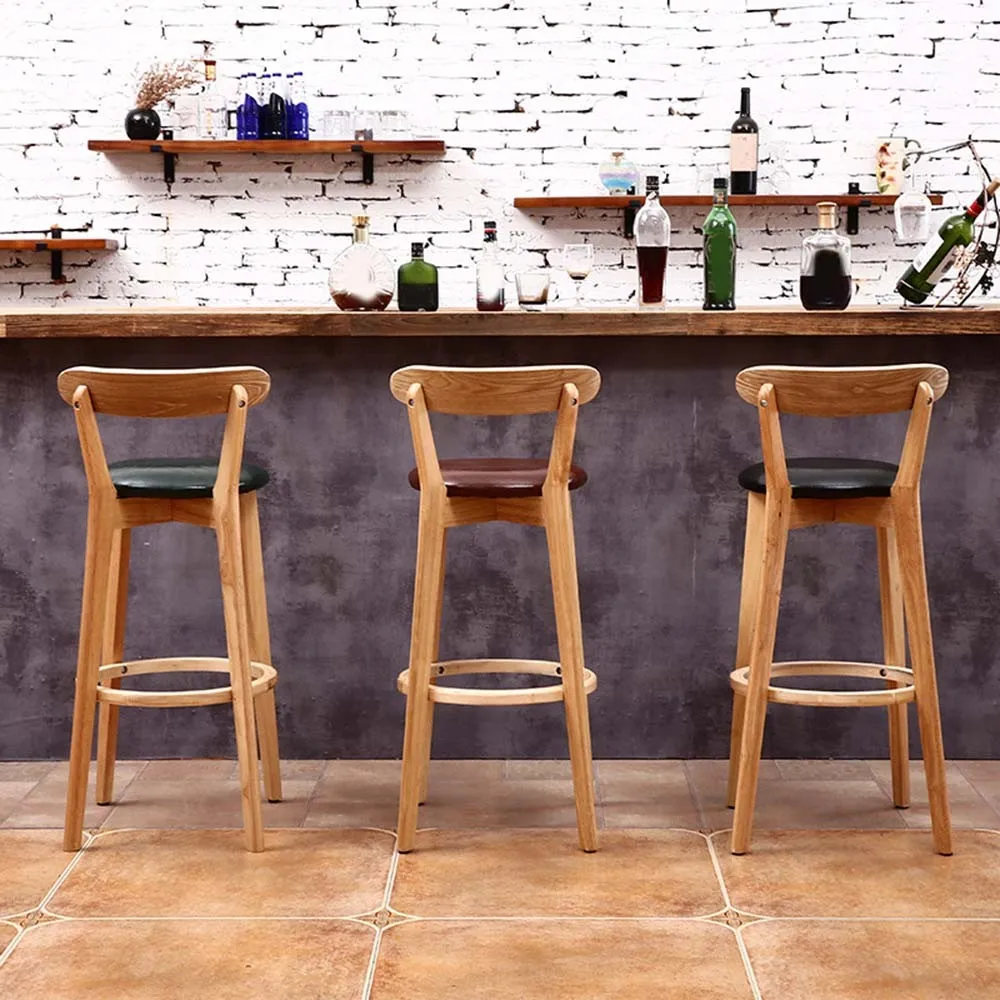 
Nordic Customized Modern solid Wood Design with Back Leather High Counter Barstool 