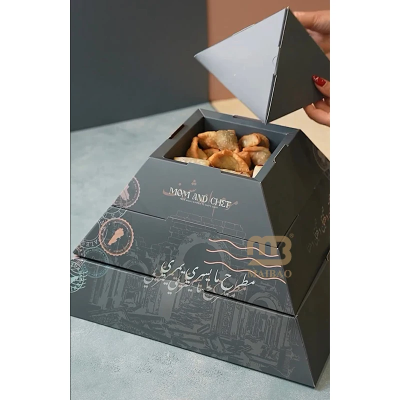 3 layers custom takeout pyramid shape food grade Paper box Catering Packaging Platter bread dessert snack pyramidal grazing box