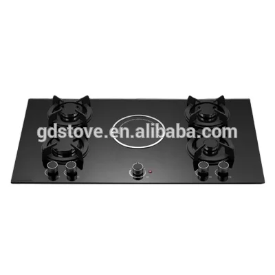Газовая плита с 5 горелками и нагревательными панелями черные стеклянные